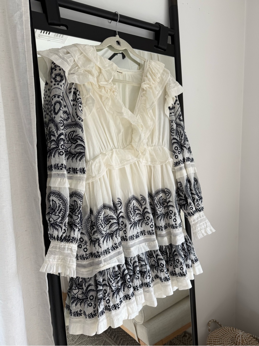 Ulla Johnson Ivory Dress with Black Embroidered Sleeve Detail